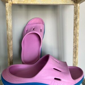 Hoka Pink and Blue Cushioned Slide Sandals